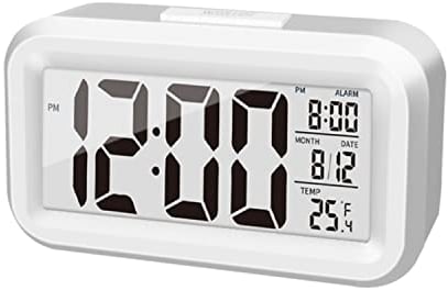 Upgraded Digital Alarm Clock, 4.3 LED Display with Temperature Larger Lound Light Control Portable Snooze Calendar Brightness with Battery Powered Alarm Clocks Bedside for Everyone (White)
