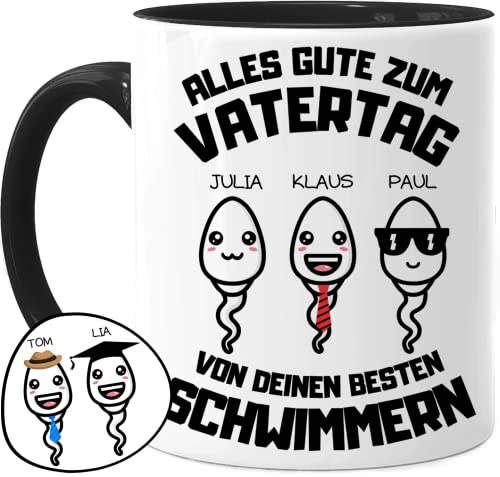 Tassenliebling® Papa Tasse personalisiert mit 1-4 Kindern - Schwarz - Papas bester Schwimmer - Vatertagsgeschenk Geburtstag - Werdender Papa Geschenk lustig zum Vatertag mit Baby, Tochter, Sohn