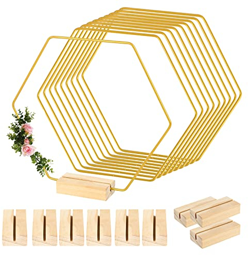 10 Stück Sechseckig Metall-Blumenreifen mit 10 Hexagon Holzständer, Metall Kranzring Gold Metall Deko Ringe mit Holzständer, für DIY Hochzeits Tischkranz Dekoration und Makramee Handwerk (Sechseckig)
