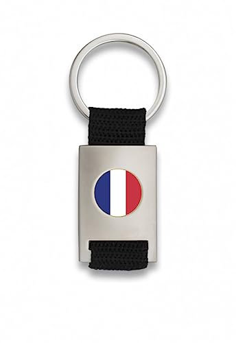 ADCSHOP Porte-clés drapeau France en goutte gaufrée sur métal chromé mat – Ruban en nylon tressé noir – mesure 8,50 cm – Poids 33 g., Noir , taille unique