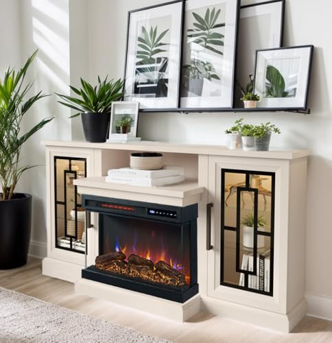 Unineo - 59 inch LED TV Stand with 3 Sides Glass Fireplace, Modern Media Entertainment Center Console Table for TVs up to 65 with Adjustable Flame and