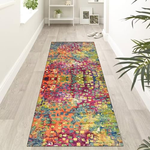 ZUZEKU Abstrakte Bunt Läufer Flur Küche Waschbar rutschfest 80X400cm Vintage Bunt Lang Küchenteppich Flurteppich Teppich Fur Korridor Wohnzimmer Schlafzimmer Meterware Anpassbar