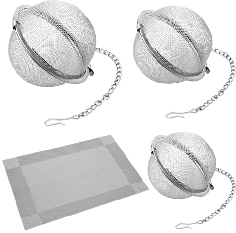 Lot de 3 Filtres à Thé Inox Théière et Tapis de Tasse, Passoire à Thé Argenté avec Chaîne, Boule à Thé Grande Taille pour Infusion de Thé, Épices, Herbes