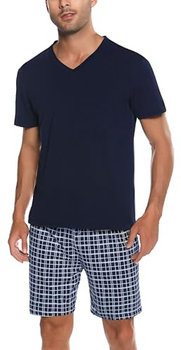 Bresdk Schlafanzug Herren Kurz Baumwolle Sommer V-Ausschnitt Pyjama Set | Sommer-Shorty-Pyjama-Set mit Schlafshorts und Taschen in S–5XL; bequem für Männer, Senioren, Zuhause, Reisen und Krankenhaus
