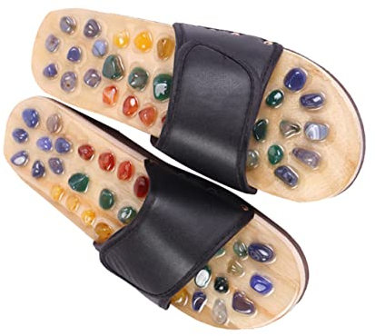 Beavorty Fußmassage Sandalen Natürliche Achat Massage Hausschuhe Schwarz Pu-rubber Fußgesundheit Entlastung Plantar Schmerzen Gesundheitsfördernd