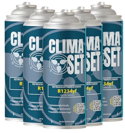 ClimaSet R1234yf Kältemittel Ersatzgas - Kühlmittel Klima Auto - Gasflasche 5x170 g - Auto Klimaanlage Nachfüllset - Klimaanlage Wohnmobil - ECO - Klimaanlage Refill Dose
