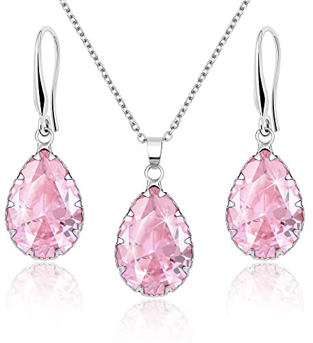 Linawe Pink Jewellery Sets for Women, Crystal Pendant Necklace Set Silver, Imitation Diamond Rhinestone Cubic Zirconia Birthstone Teardrop Dangle Drop Earrings, Matching Necklace Wedding Earring Set