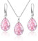 Linawe Pink Jewellery Sets for Women, Crystal Pendant Necklace Set Silver, Imitation Diamond Rhinestone Cubic Zirconia Birthstone Teardrop Dangle Drop Earrings, Matching Necklace Wedding Earring Set