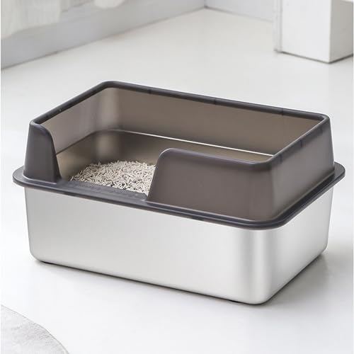 MENDUNER Edelstahl Katzenklo, 50X35x25 Katzenklo Edelstahl,Stainless Steel Litter Box, Spritzwassergeschütztes Großes, Offenes Hochrand Abfallbecken MIT Schaufel(großes Schwarz)
