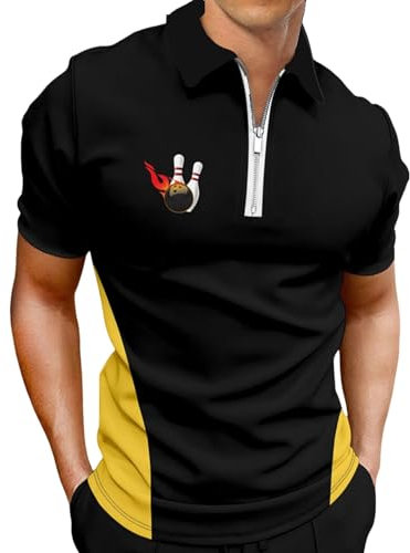 Hodaweisolp Polo da golf da uomo a maniche corte con cerniera casual slim fit stampata, Z7 Bowling nero, M