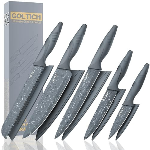 GOLTICH 5 PCs Grey Kitchen Knife Sets with Sheath - Premium Stainless Steel Kitchen Knives Set with Easy Grip Handle - Ultra Sharp Knife Set Includes Santuko, Bread, Paring, Utility & Chef Knife