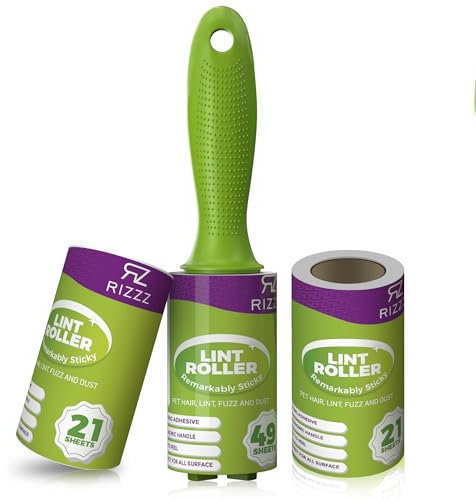 Rizzz Lint Roller Set-1 Ergonomic Handle with 49 Sheets and 2 Refills 21 Sheets Each – 91 Total Sticky Sheets – Effective lint Remover for Dust, Dirt, Hair, Debris on Clothes & Fabrics (Pack of 3)