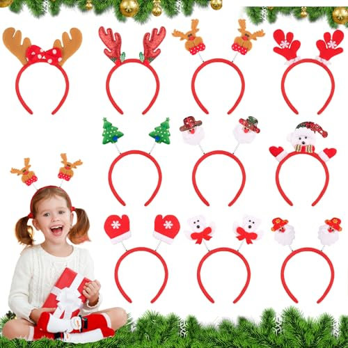 HGRGHH 10 Stück Haarreif Weihnachten, Weihnachtshaarreifen Erwachsene, Haarreifen Weihnachten, Weihnachts Haarreif, Rentier Haarreif, Weihnachts Kopfschmuck mit 10 Designs für Kinder Erwachsene