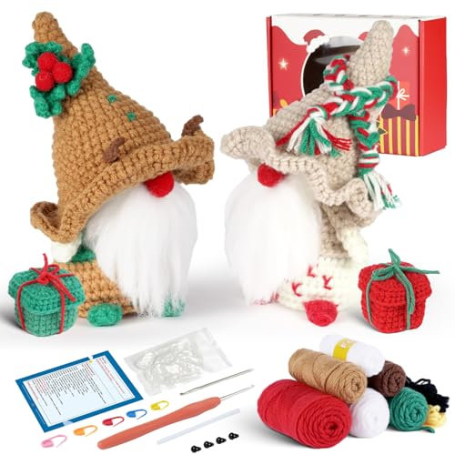 WowWoke 4-teiliges Wichtel Set Häkelset für Anfänger,DIY Wichtel Figuren,Gestrickter Weihnachten Wichtel Deko,Wichtel Klein mit Weihnachtsbox,Weihnachtswichtel mit Strickset und Video