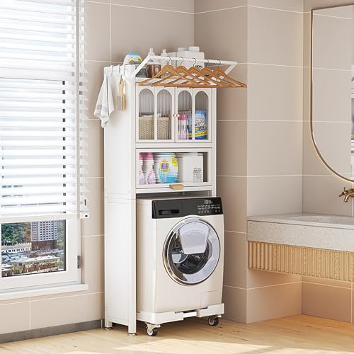 Mensole per Lavanderia, sopra la Lavatrice e l'asciugatrice, Organizer per Lavanderia sopra la Lavatrice, stendibiancheria salvaspazio per Lavanderia, Facile da riporre con Asta