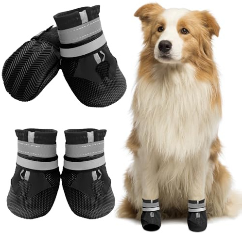 Muecleao Hundeschuhe Pfotenschutz, 4 Stück Wasserdicht Anti-Rutsch Hundestiefel mit Rutschfester Sohle und reflektierendem Klettverschluss, Schuhe für kleine, Mittlere und Große Hunde (Schwarz, L)