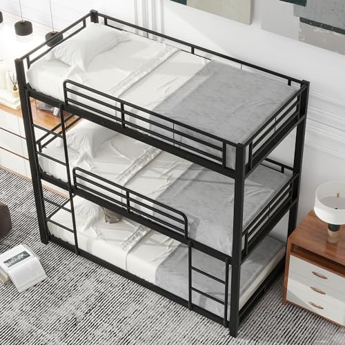 Goeria 90 x 200 cm Bettgestell Metallbett、Etagenbett、Eisenbett、Dreifach-Etagenbett for Kinder、Jugendliche und Erwachsene (Schwarz)