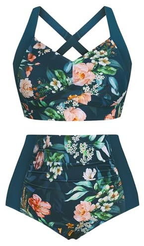 Hanna Nikole Womens Push Up Swimsuit High Waisted Bikini Sets 2 Piece Bathing Suit Dark Green & Pink Flowers L