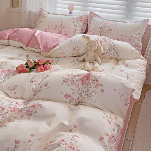 Nyescasa Housse de Couette 220x240 Fleurs Rose et Blanc Floral Réversible Parure de lit Adulte 2 Personnes Rose Fleurie Housse Couette en Microfibre avec Fermeture Éclair et 2 Taies d'oreiller 65x65cm