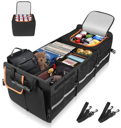 105L Rangement Coffre de Voiture, Trunk Organizer Organisateur Coffre Voiture avec 25L Sac Isolant Amovible, 7 Compartiments Ajustables,Sac de Rangement Pliable avec Couvercle,Fond Antidérapant