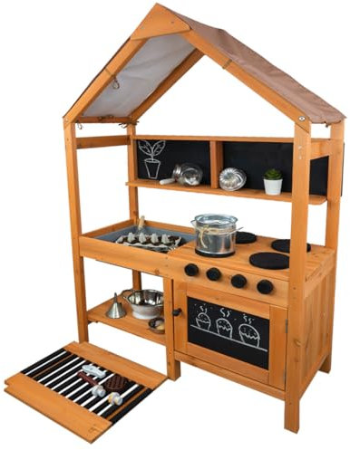Meppi Matschküche mit Dach - Outdoorküche Kinder aus Holz mit Herdplatten und Grill
