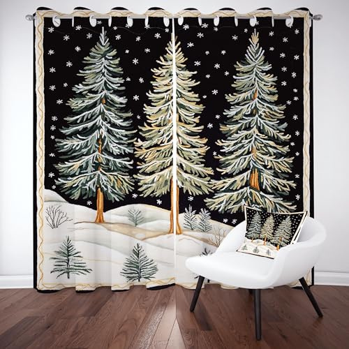Winter Wald Verdunkelungsvorhänge 2er Set, Schneeflocke Tannenbaum | Vorhänge Wohnzimmer 137x117 cm Weihnachtsmotiv Gardine Blickdicht Kälteschutz mit Ösen Schlafzimmer