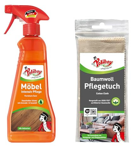 POLIBOY Möbel Intensiv Pflege - Farbneutrale Holzpflege für lackierte Oberflächen - Mit Avocadoöl für Holzschutz und Farbauffrischung - 1x 375 ml - inkl. Baumwolltuch zur Anwendung - Made in Germany