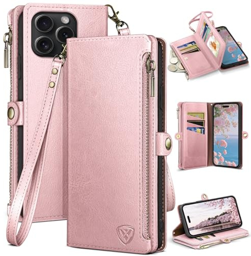 XcaseBar compatible with ‌iPhone 16 Pro Max Wallet case with Zipper Credit Card Holder【RFID Blocking】,Flip Folio Book PU Leather Cover Shockproof Phone case Women Men for Apple 16ProMax case Rose Gold