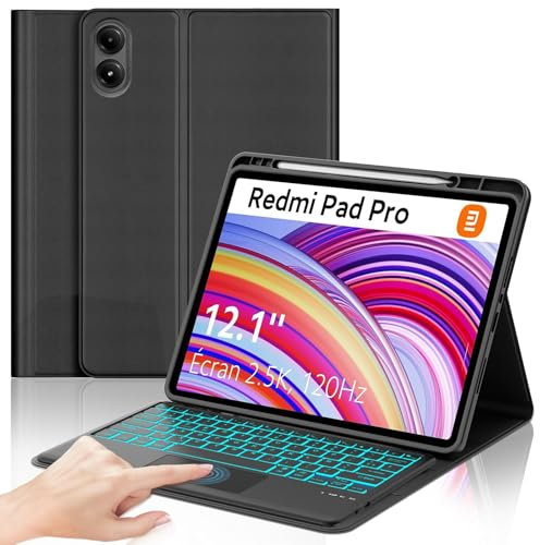 Clavier Redmi Pad Pro 12.1 2024/Xiaomi Poco Pad 2024, Clavier avec pavé Tactile, éclairage 7 Couleurs, AZERTY sans Fil Amovible pour Xiaomi Redmi Pad Pro 12.1 2024, Noir