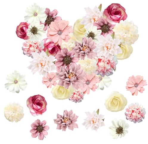 30 Stück Kunstblumen zum Basteln, 4~8cm Stoffblumen 10 Farben 5 Stile Blumen zum Basteln Künstliche Blumen Mini Seidenblumen für Hochzeitsdeko Home Party DIY Crafts Scrapbooking Tortendeko(Rosa)
