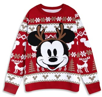 Disney Mickey Mouse Womens Red Long Sleeve Christmas Jumper | Crew Neck Sweater for Holiday Celebrations | Festive Outfit for Christmas Festivities Merch