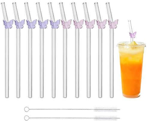 12 Pcs Glass Straws Set, Reusable Drinking Straws with Butterfly Charms | Pink Bent Straws with Cleaning Brush for Smoothies, Coffee, Tea and Cocktails