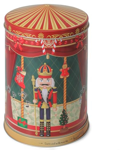 MIJOMA Weihnachtsdose mit Spieluhr – Vorratsdose in Karussellform mit Musikfunktion – festliche Metalldose für Plätzchen & Geschenke – Ø13,2 x H20,2 cm (Nussknackerbühne)