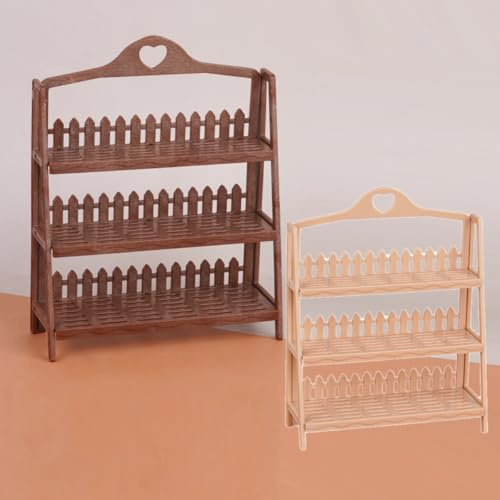 KARLOR 2 Stück Miniatur-Regal Set, 3-Stufig, Zaun-Design,Miniatur Blumenständer Mini-Dessertständer Mini Supermarktregal Präsentationsregal für Sammlerstücke Dekorationen(hell/dunkel Holz)