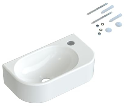 Handwaschbecken 40 cm Oval Eckig – Kleines Waschbecken für Gäste WC | mit Hahnloch, ohne Überlauf, ohne Unterschrank, Wandmontage, Keramik, ultradünner Rand – Weiß
