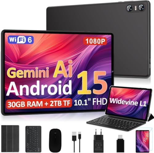 2026 Tablet 10 pollici Android 15, Gemini AI, octa-core, 30 GB RAM (2 TB TF), Widevine L1, GMS, GPS, 5G Wi-Fi 6, BT 5.0, 6000 mAh, 5+8 MP, Tablets Corpo in Metallo con Tastiera+Mouse+Custodia - Nero