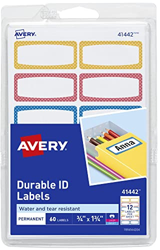 Avery Durable Labels for Kids' Gear, 3/4 x 1-3/4, Assorted Border Colors, Water-Resistant Labels, 60 Total (41442)