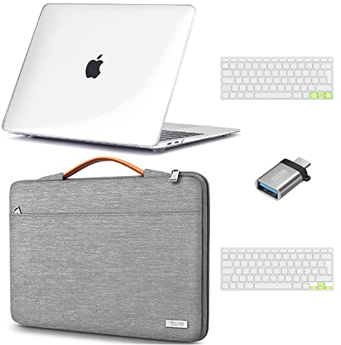 TECOOL Custodia MacBook Air 13 Pollici Retina 2021 2020 2019 2018 A2337 M1 A2179 A1932,Custodia Rigida & Custodie morbide & Tastiera Cover & Adattatore USB per Mac Air 13.3 Touch ID - Chiaro & Grigio