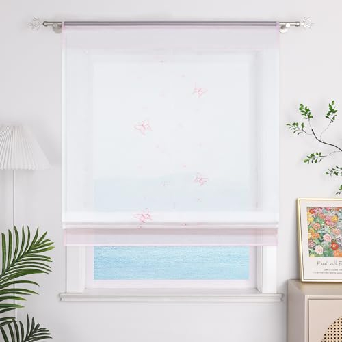 ESLIR Raffrollo Küche Raffgardine mit Tunnelzug Gardinen Transparent Bändchenrollo mit Schmetterling Bestickt Voile Rosa BxH 80x140cm 1 Stück