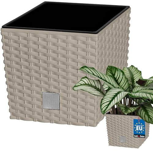 KOTARBAU® Blumentopf mit Einsatz 22x22 cm, Rattanoptik, Kunststoff | Pflanzkübel groß außen, Übertopf 9,8 L mit Innentopf, für Drinnen & Draußen, Terrassendeko, Blumentöpfe, Mokka