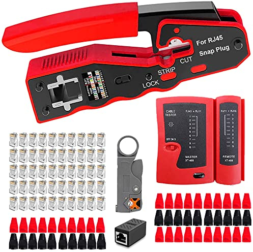 MAYLINEE pelacables alicates de RJ45/RJ11 Juego de Herramientas de Reparación de cable de red, RJ12 Crimp Wire Stripping Cable prueba, Profesional Ordenador CAT5 Cat5e CAT6 de crimpado para(Negro)