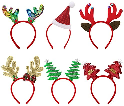 MoKo 6 Stück Weihnachten Haarreif, Geweih Weihnachtsbaum Weihnachtsmütze Stirnband Kinder Damen Haarschmuck für Weihnachsmotiv Weihnachtsparty Weihnachtsdekoration Kostümparty, Rot