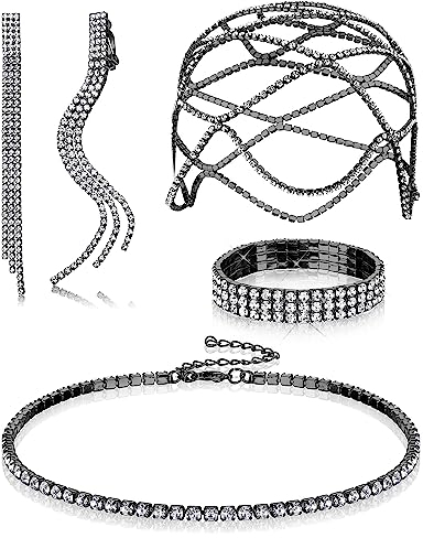 Kakonia 4Stück Strass Schmuck Set für Damen Kopfschmuck Silber Kopfkette Vintage Halskette Armband Lange Quaste Ohrringe Braut Ohrringe Hochzeit Schmuck