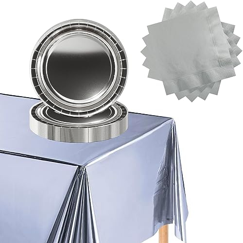 Juego de Vajilla de 37 Piezas de Aluminio Plateado Metálico - 16 Platos, 20 Servilletas y Mantel para Cumpleaños, Navidad, Boda