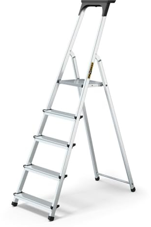 DRABEST Aluleiter mit Ablage, Stehleiter 5 Stufen, Trittleiter bis 125 kg, Haushaltleiter, Klapptrittleiter (5 Stufen), Silber