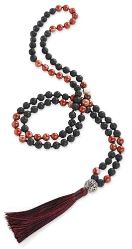 BENAVA Damen Mala Kette aus 108 Lava Stein Jaspis Perlen Schwarz Braun | Yoga Kette Lang mit Quaste und filigran gearbeiteten Anhänger | 100 cm