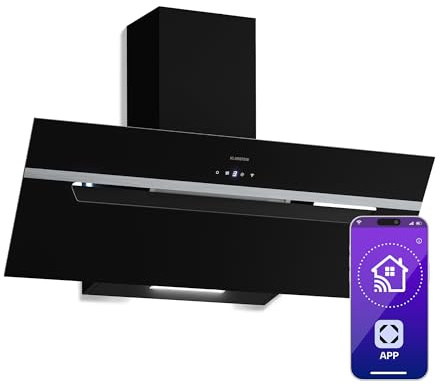Klarstein BigBite Hotte Aspirante 90 cm - Hotte Décorative Inclinée, 417 m³/h, A+++, LED, 3 Vitesses & Boost, Filtre Charbon, Tactile, Recyclage ou Évacuation, Design Verre Noir