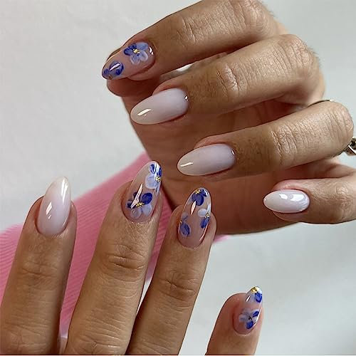 Angwis 24pcs Short Almond False Nails White Nude Pink Press on Nails Gold Foil Blue Flower Stick on Nails Removable Glue-on Nails Full Cover Fake Nails with Glue Women Brides Nail Art Accessories