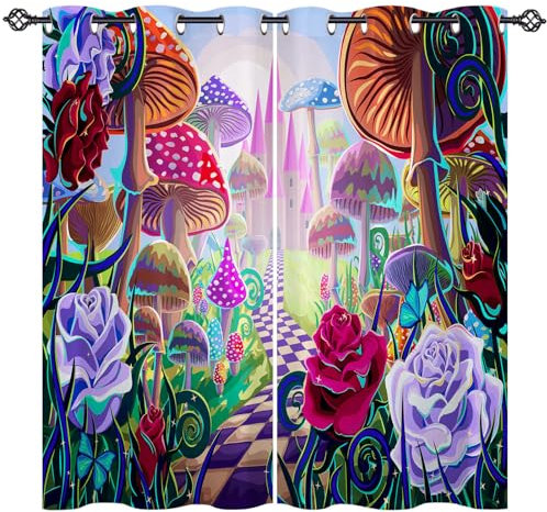 ANHOPE Mushroom Curtains Eyelet Soft Thermal Insulated Blackout Curtains Abstract Colorful Castle Rose Print Pattern Ring Top Drapes for Bedroom Living Room 46 x 54 Inch Drop 2 Panels