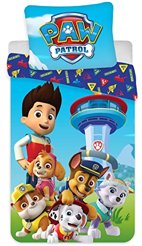 Paw Patrol Kinderbettwäsche-Set, 100% Polyester, 135x200 cm Einzelbettgröße - Bettbezug + Kissenbezug 80x80 cm, Microfaser